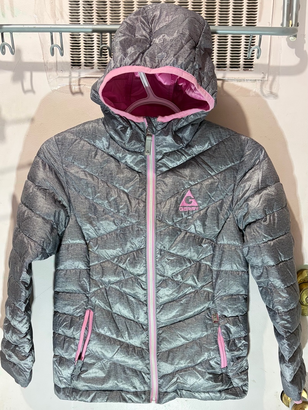 Gerry Weber Girls' Metallic Gray Puffer Jacket with Pink Accents